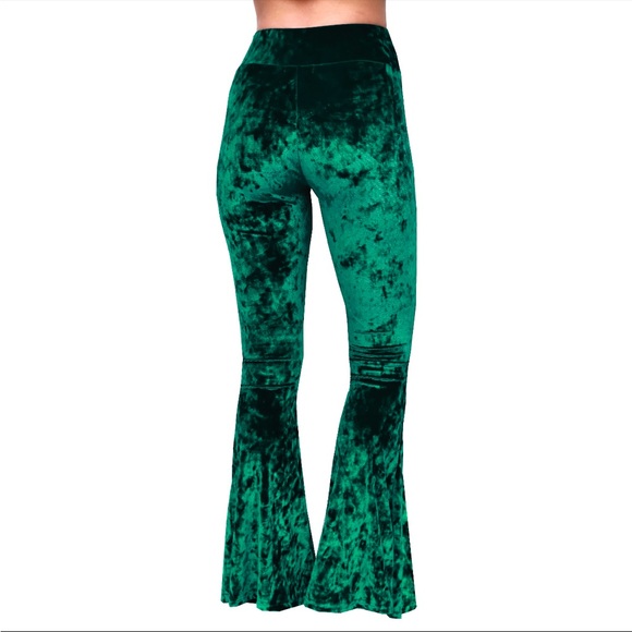 Green crushed velvet bell bottom pants - Picture 5 of 7